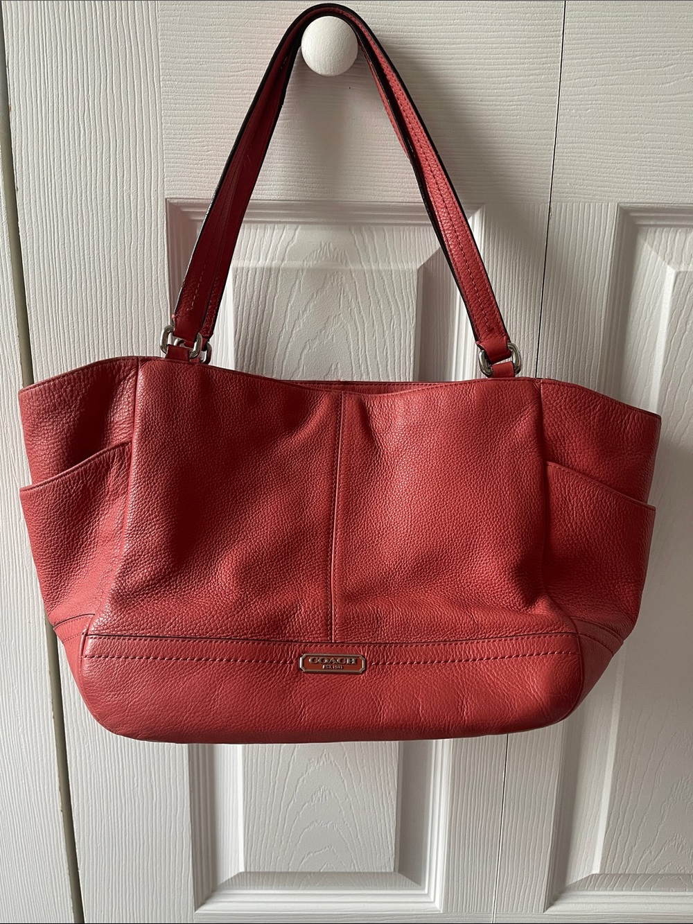 Coach Coral Red Pebbled Leather Shoulder Tote